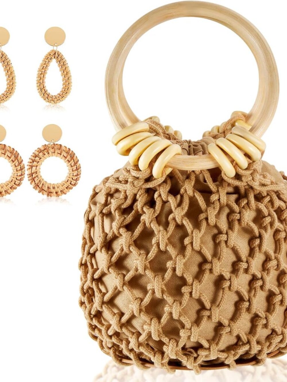 Mini Clutch Tote Handbag 2 Pairs Rattan Earrings for Women Crossbody Bag Bohemia